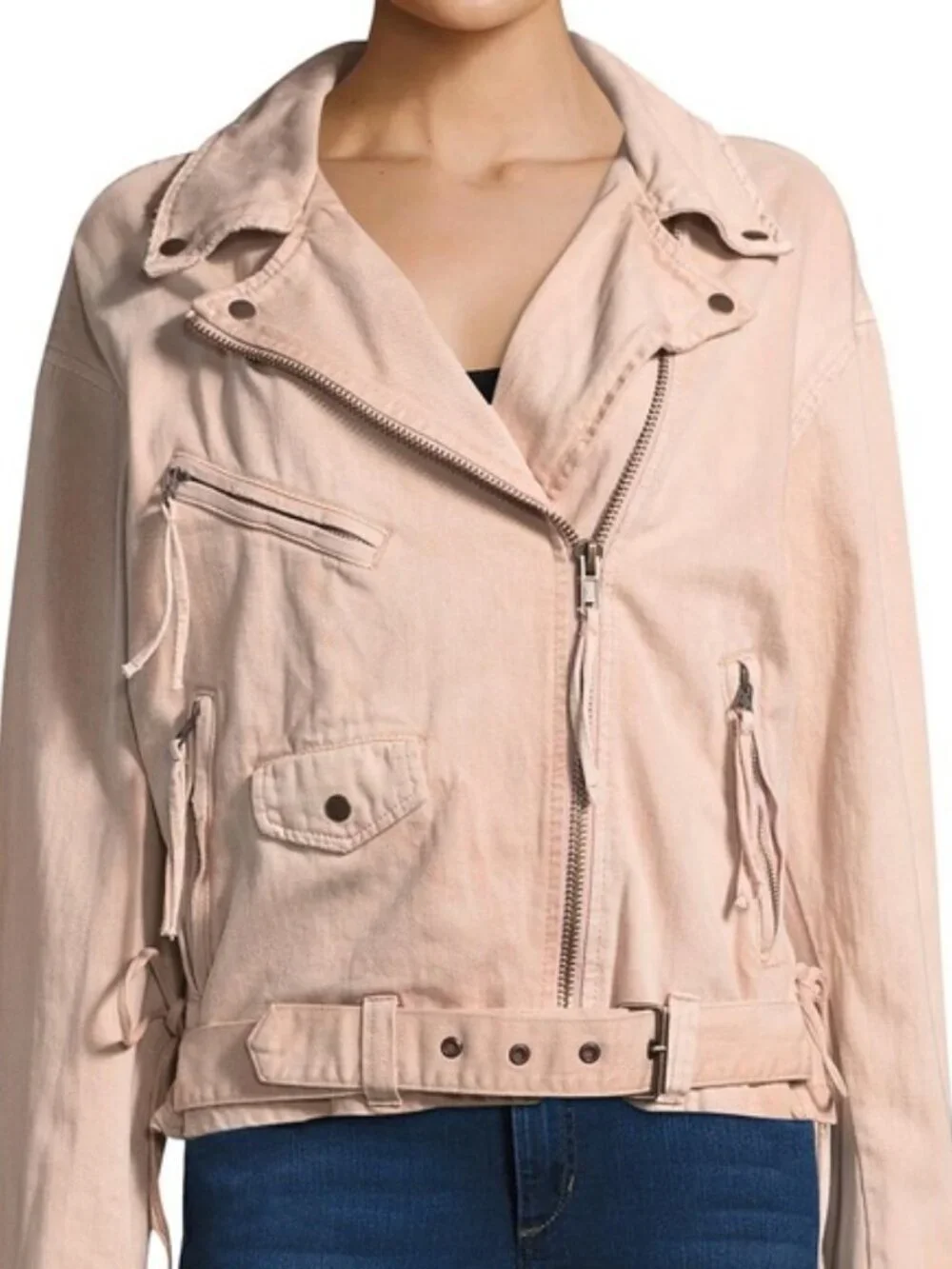 Free People Oversized Denim Pink Moto Jacket - Picture 4 of 11